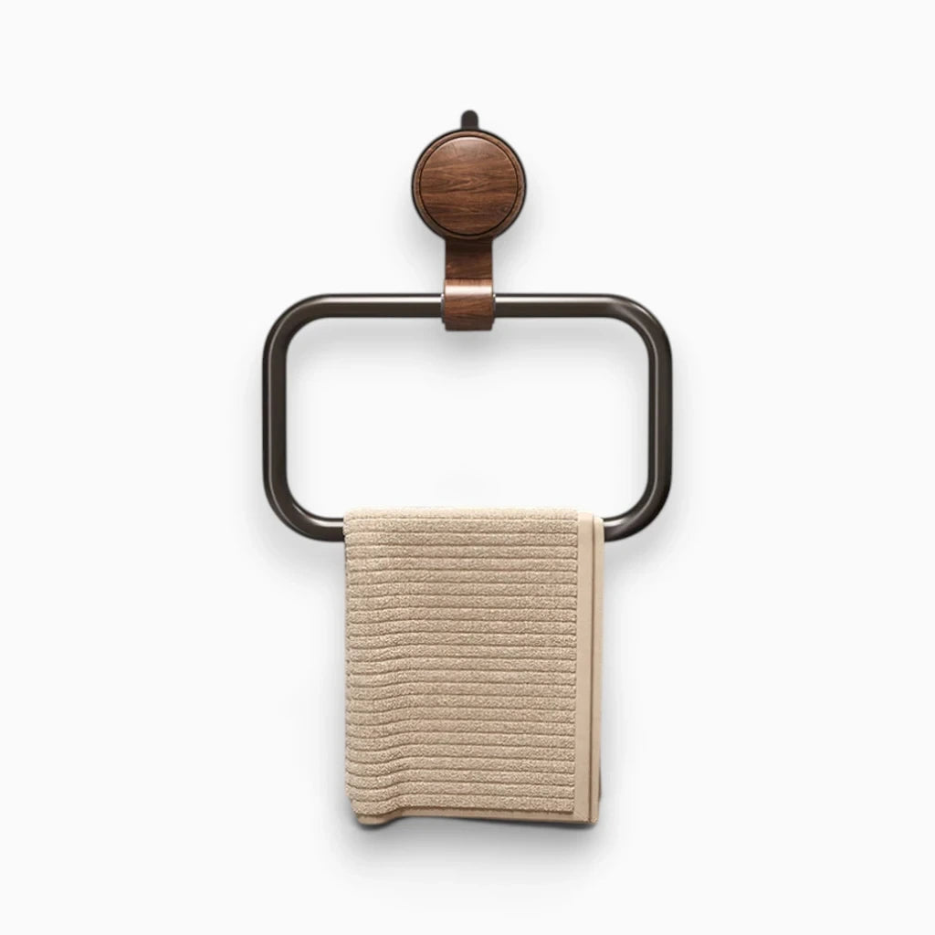 Anneau porte-serviette noir à ventouse effet bois avec serviette beige