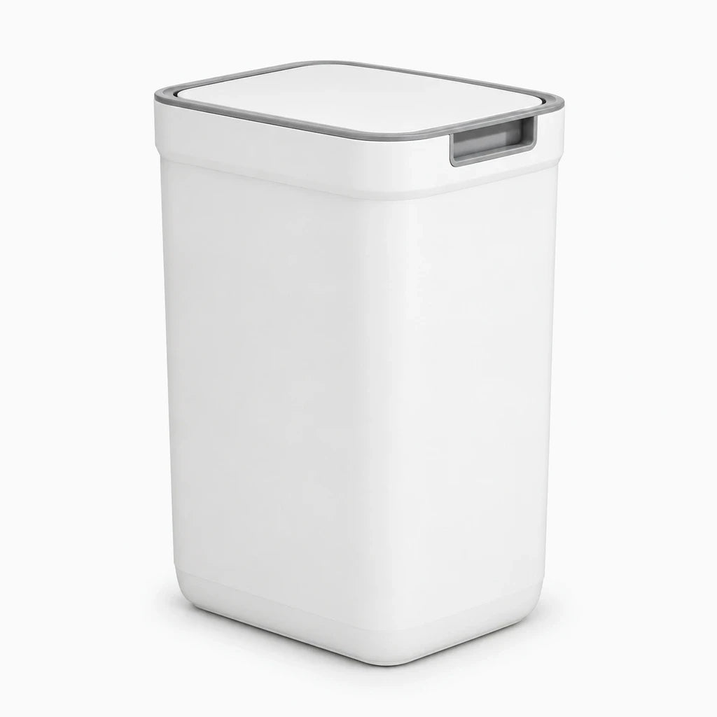 Petit bac rangement déchets salle de bain blanc ouvert affichant sa capacité