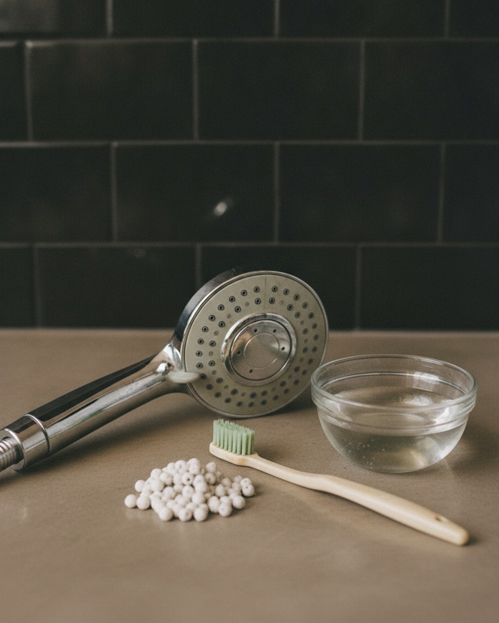 Pommeau de douche démonté, bol de vinaigre blanc et billes filtrantes sur un plan de travail