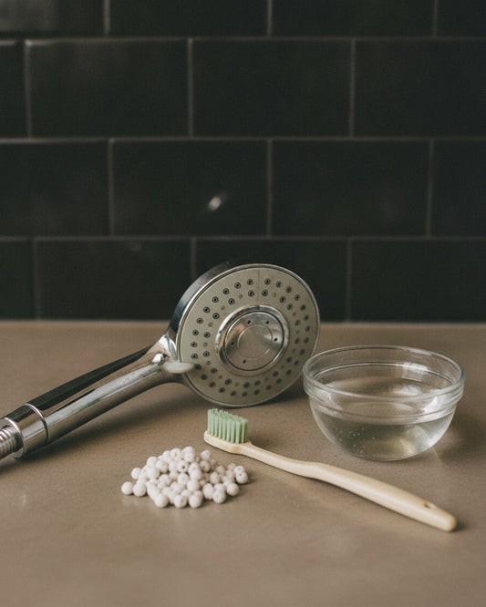 Pommeau de douche démonté, bol de vinaigre blanc et billes filtrantes sur un plan de travail