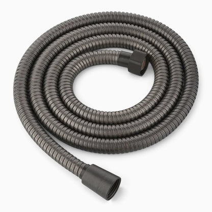 Pommeau de douche monté sur barre verticale noire avec bouton d'arrêt économique intégré