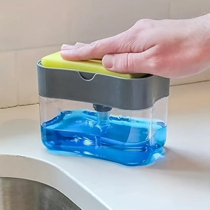Distributeur de savon à pression avec porte-éponge en situation dans la salle de bain