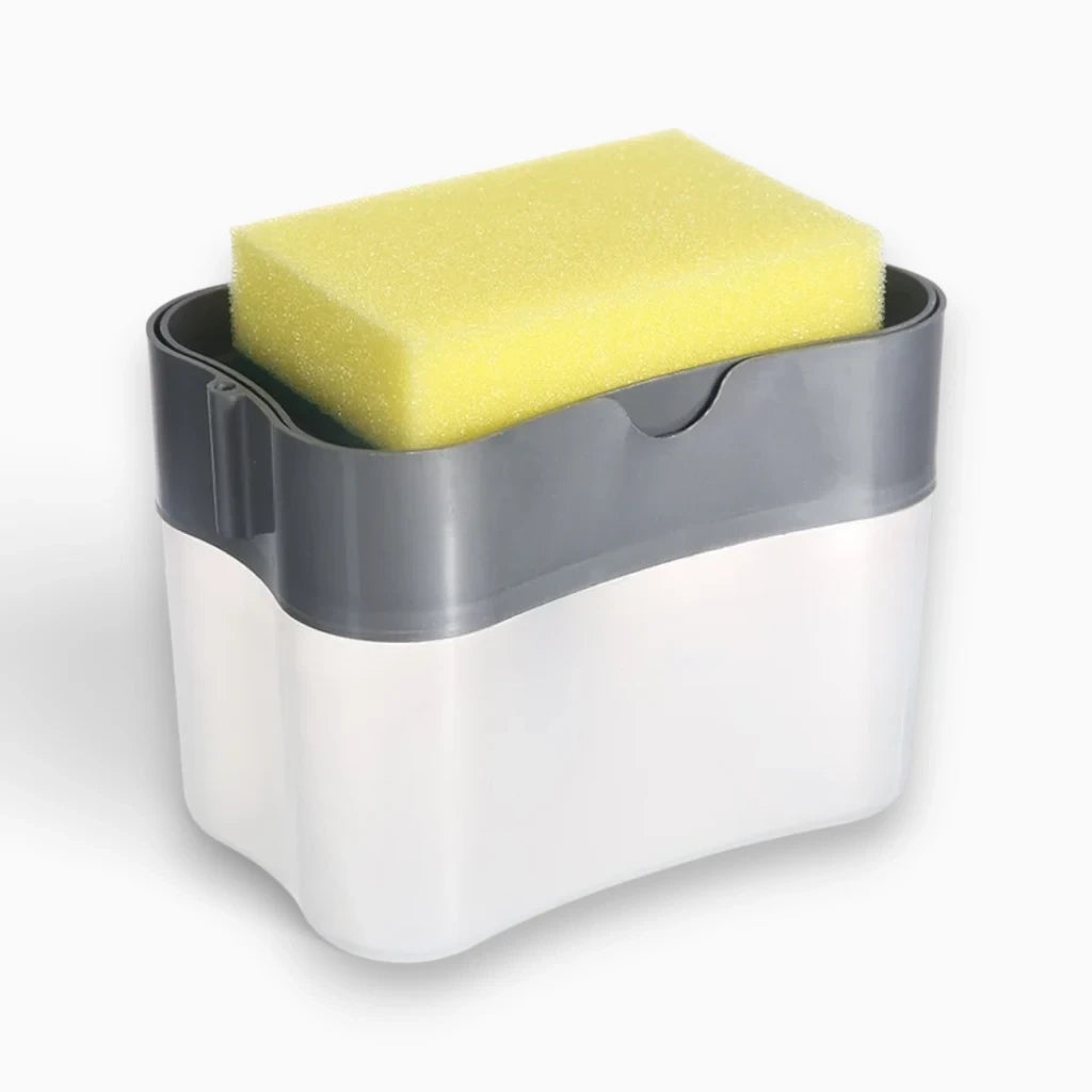 Distributeur de savon sans contact blanc avec support éponge intégré près d'un évier