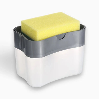 Distributeur de savon sans contact blanc avec support éponge intégré près d'un évier