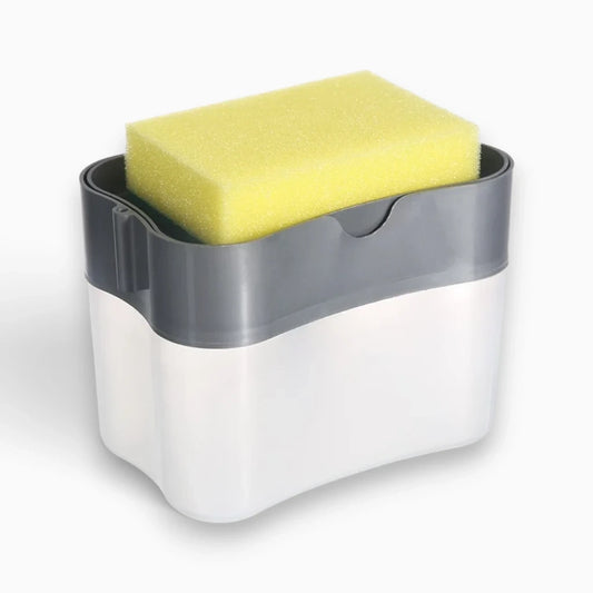 Distributeur de savon sans contact blanc avec support éponge intégré près d'un évier