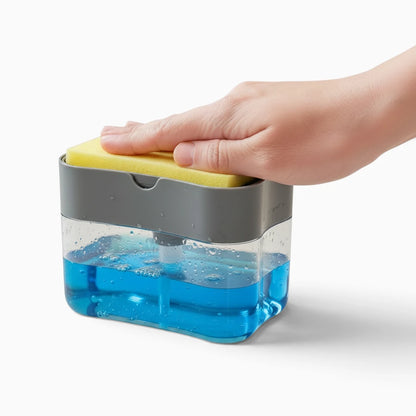 Distributeur savon sans contact gris positionné sur le plan de travail de cuisine