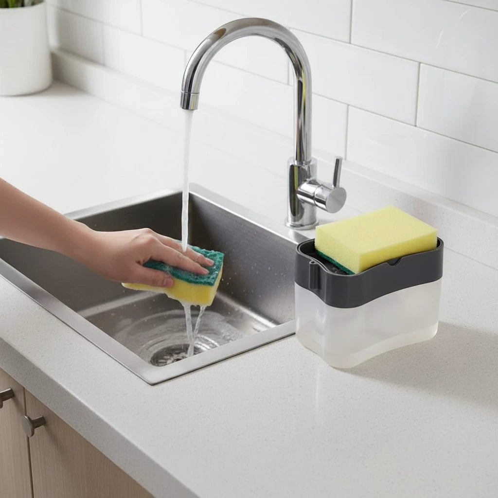 Support éponge organisé attaché au distributeur de savon sans contact noir