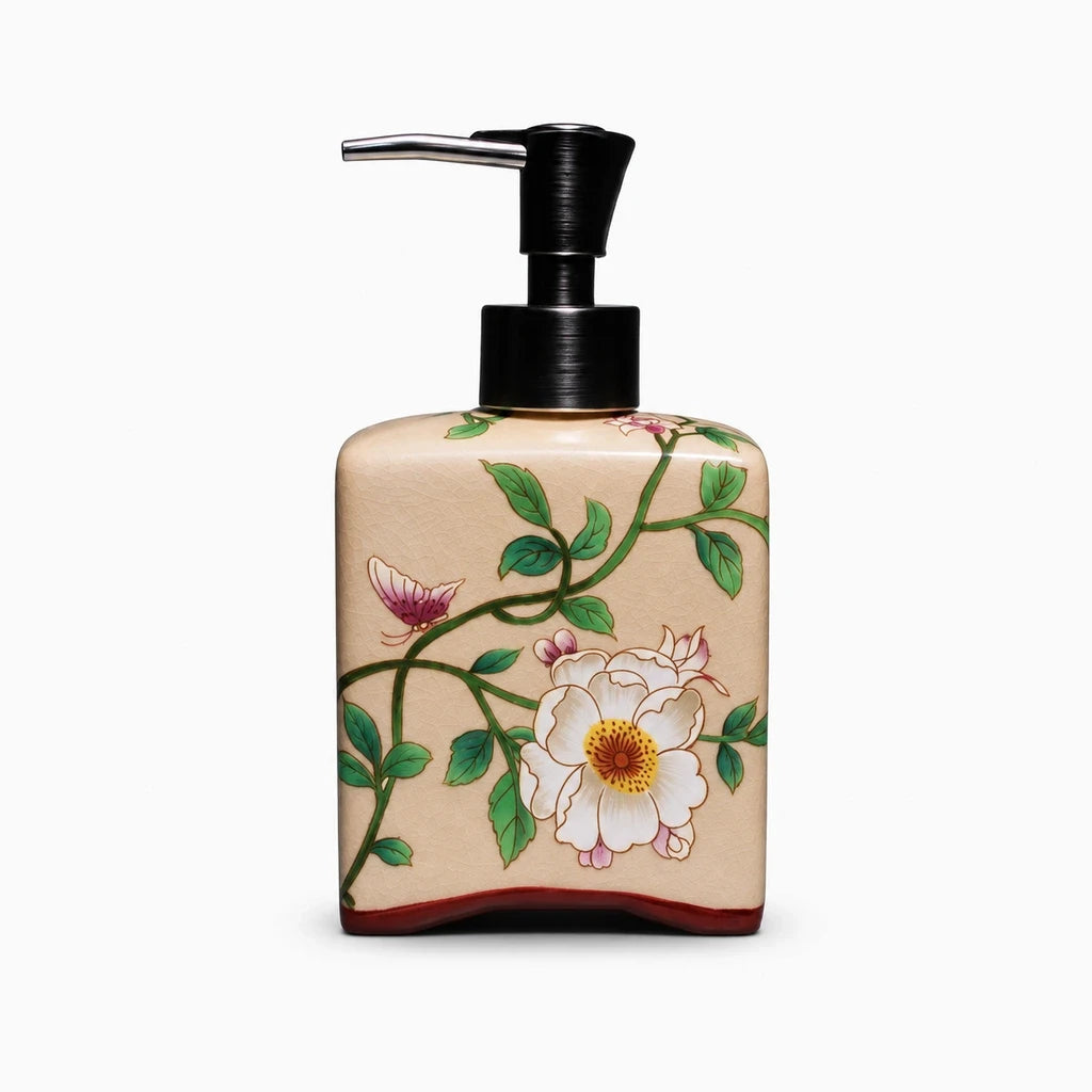 Distributeur savon céramique avec motif floral peint sur base blanche