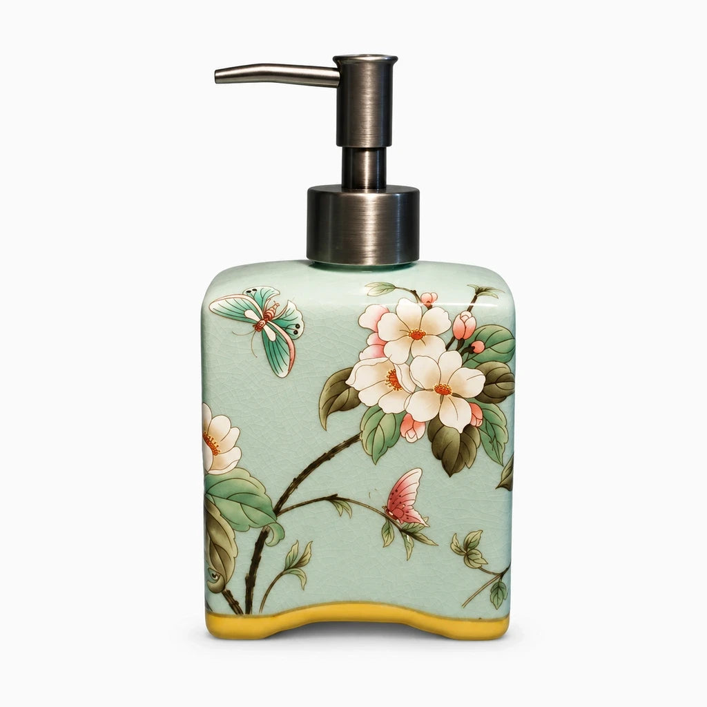 Détail du décor floral peint sur céramique du distributeur de savon