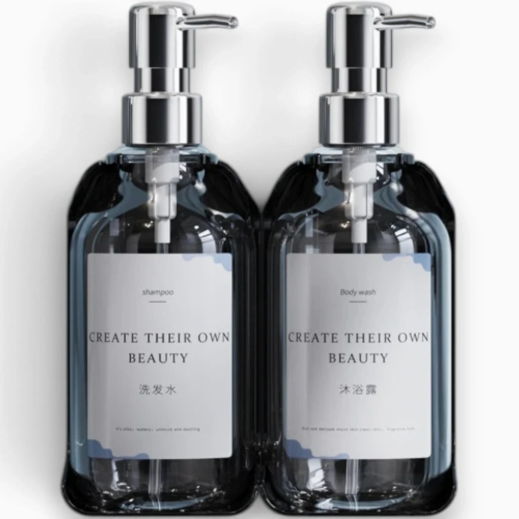 Distributeur savon mural noir fixé sans poinçonnage sur paroi de douche