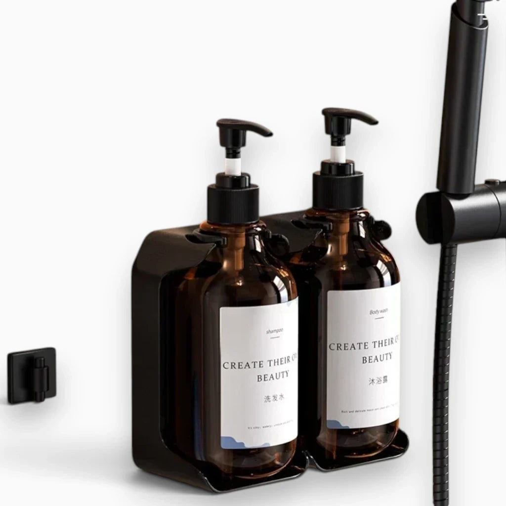 Accessoire de salle de bain noir installé facilement sur carrelage de douche