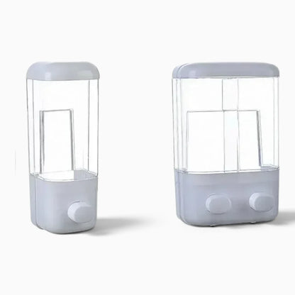 Distributeur savon mural professionnel blanc fixé au-dessus d'un évier de salle de bain