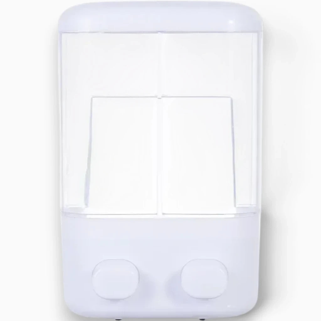 Réservoir transparent du distributeur mural montrant le niveau de savon liquide