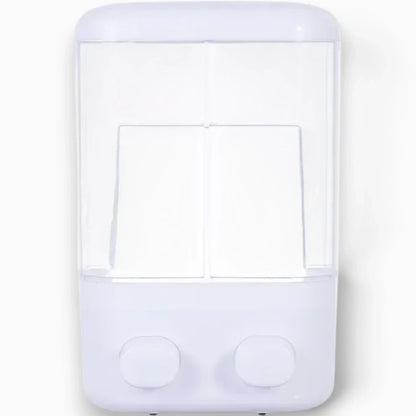 Réservoir transparent du distributeur mural montrant le niveau de savon liquide