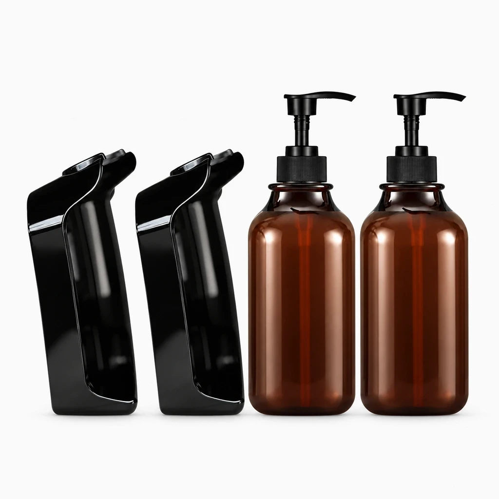 Distributeur savon mural sans perçage fixé sur carrelage blanc de douche