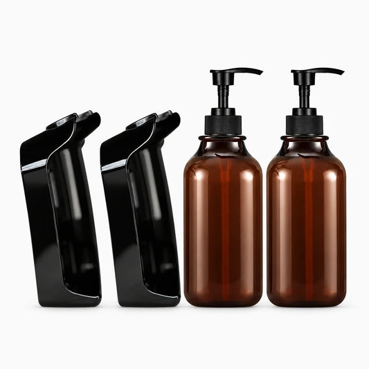 Distributeur savon mural sans perçage fixé sur carrelage blanc de douche