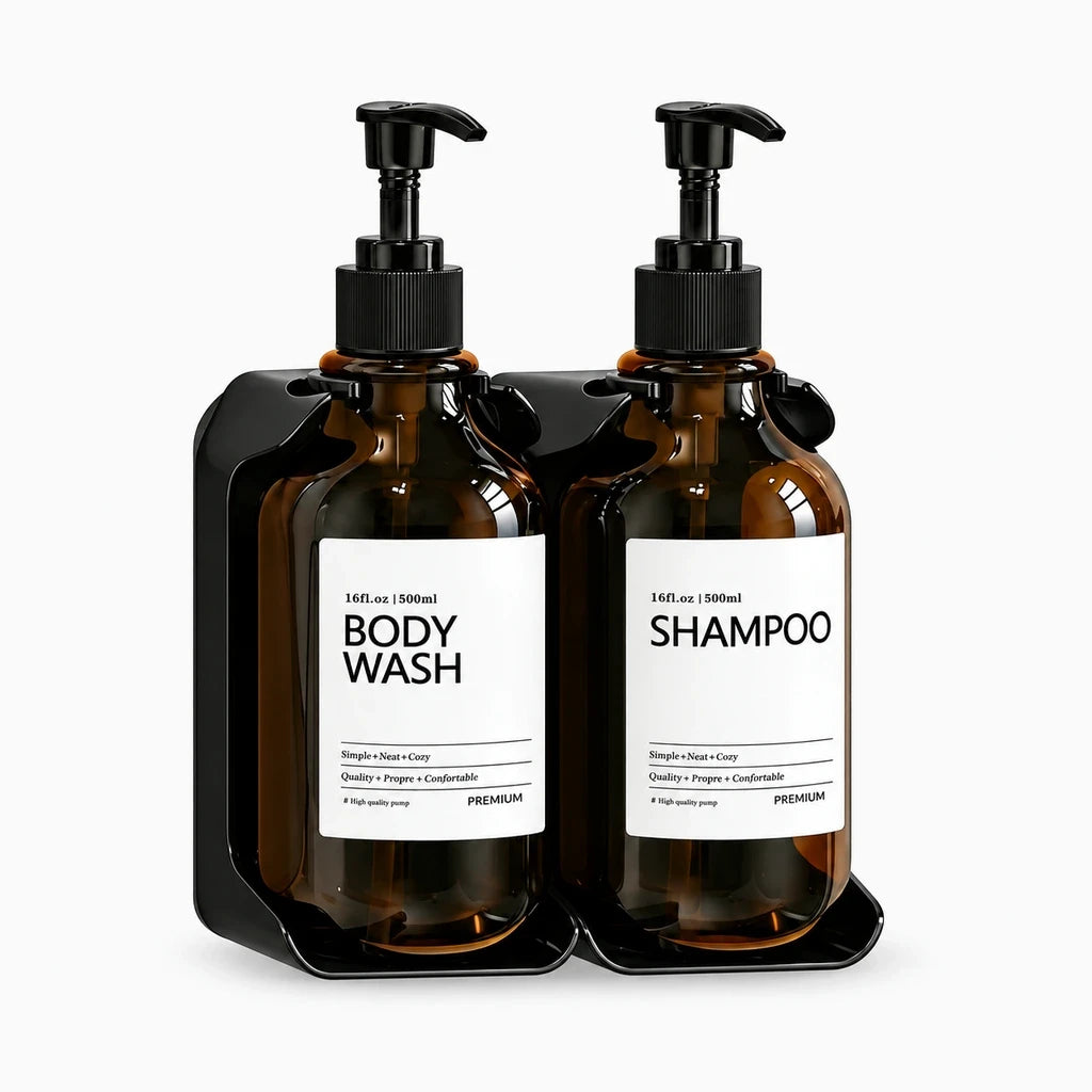 Accessoire de rangement douche regroupant shampoing, après-shampoing et savon liquide