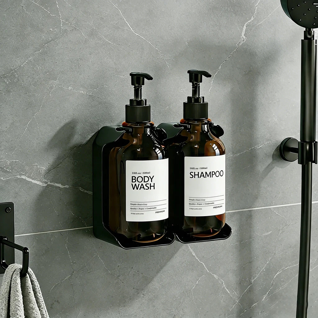 Distributeur savon mural sans perçage installé dans une salle de bain