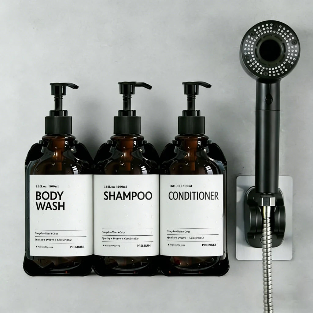 Distributeur savon mural sans perçage en situation dans la salle de bain