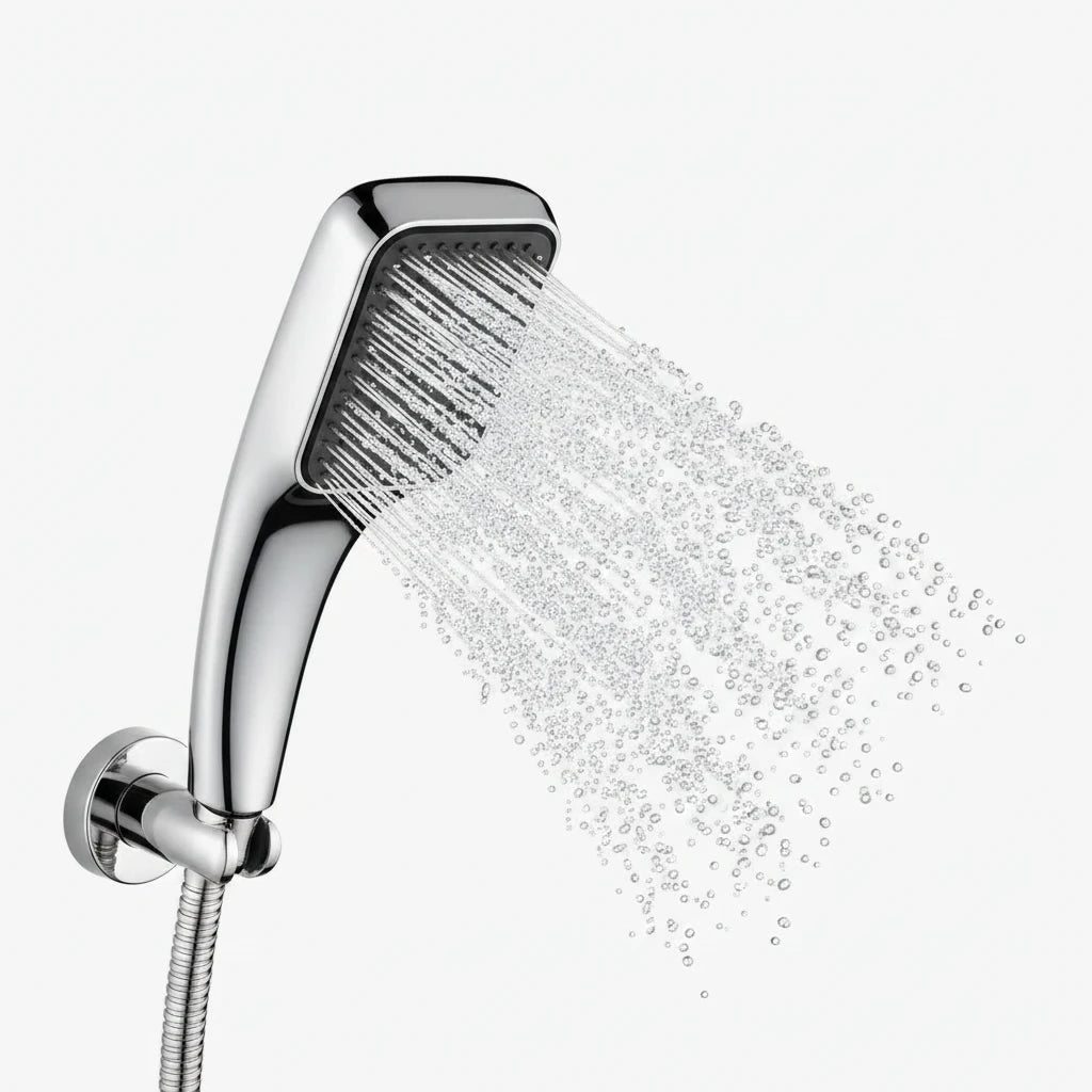 Pommeau de douche rond argenté offrant un rinçage puissant et rapide