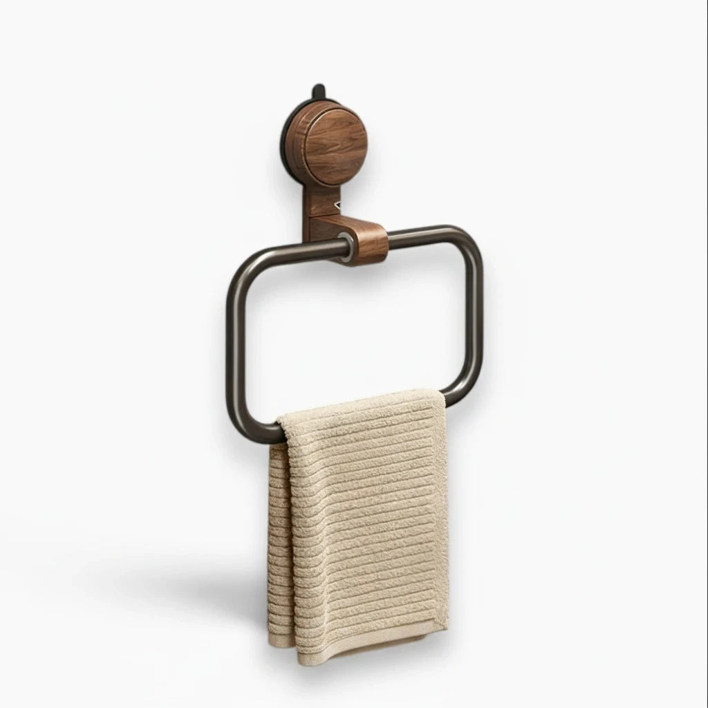 Anneau porte-serviette noir et bois fixé par ventouse avec serviette beige