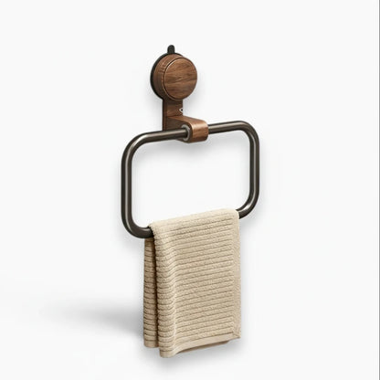 Anneau porte-serviette noir et bois fixé par ventouse avec serviette beige