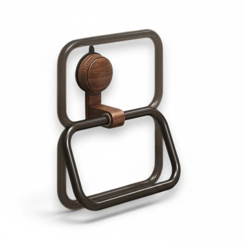 Anneau porte-serviette noir orientable et sa fixation ventouse effet bois