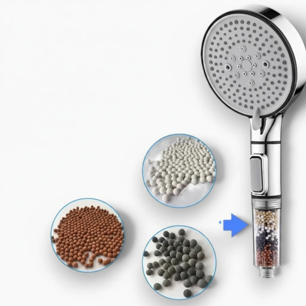 Filtre purificateur pour pommeau de douche transformant l'eau du robinet