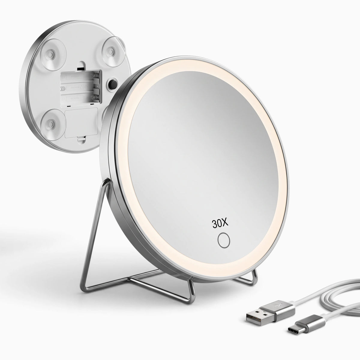 Miroir de maquillage grossissant blanc sur pied, structure pliable et légère