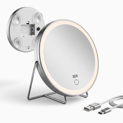 Miroir de maquillage grossissant blanc sur pied, structure pliable et légère