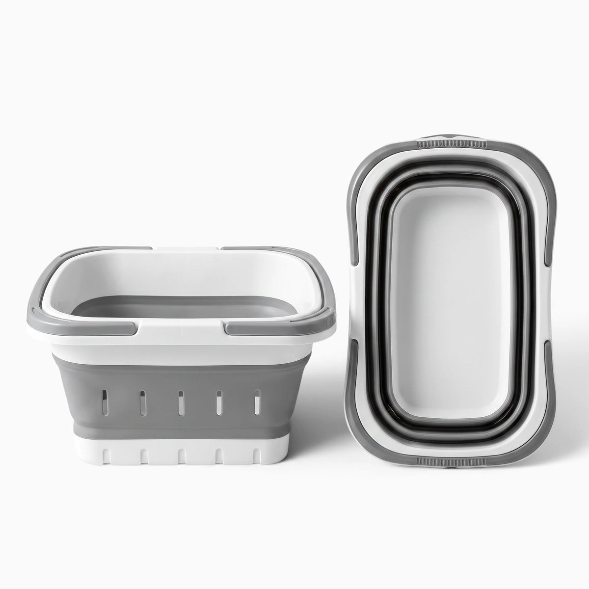 Panier à linge rétractable gris effondré montrant sa capacité de repliage compact
