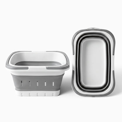 Panier à linge rétractable gris effondré montrant sa capacité de repliage compact