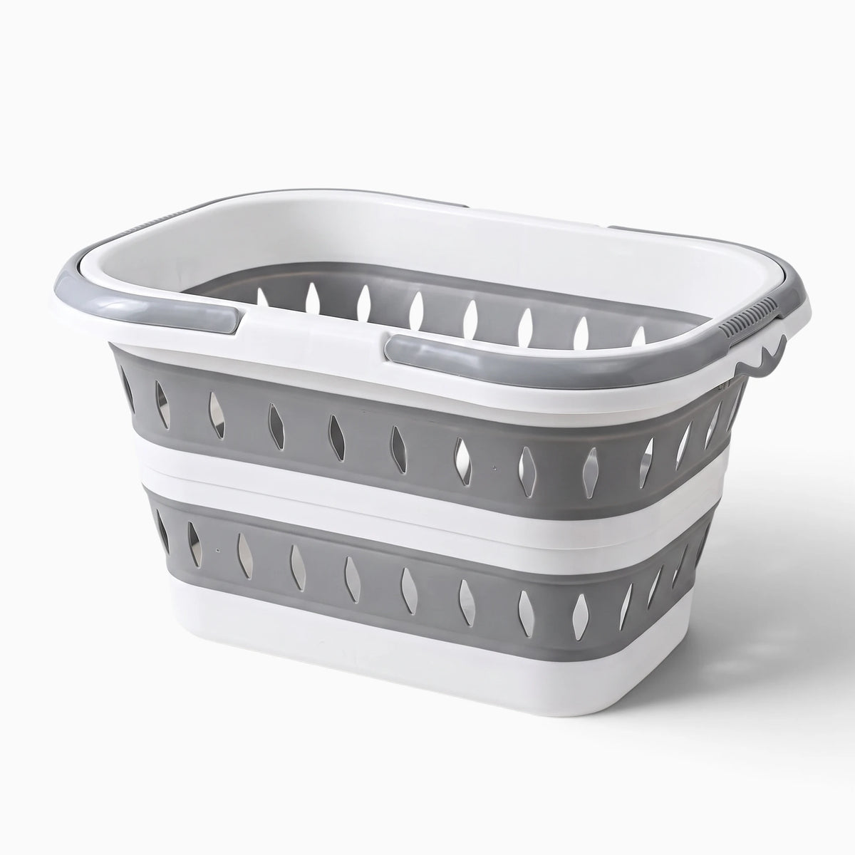 Conteneur de linge pliable ovale gris, silhouette plate quand replié