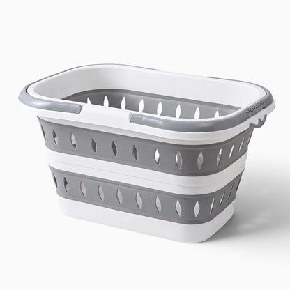 Conteneur de linge pliable ovale gris, silhouette plate quand replié
