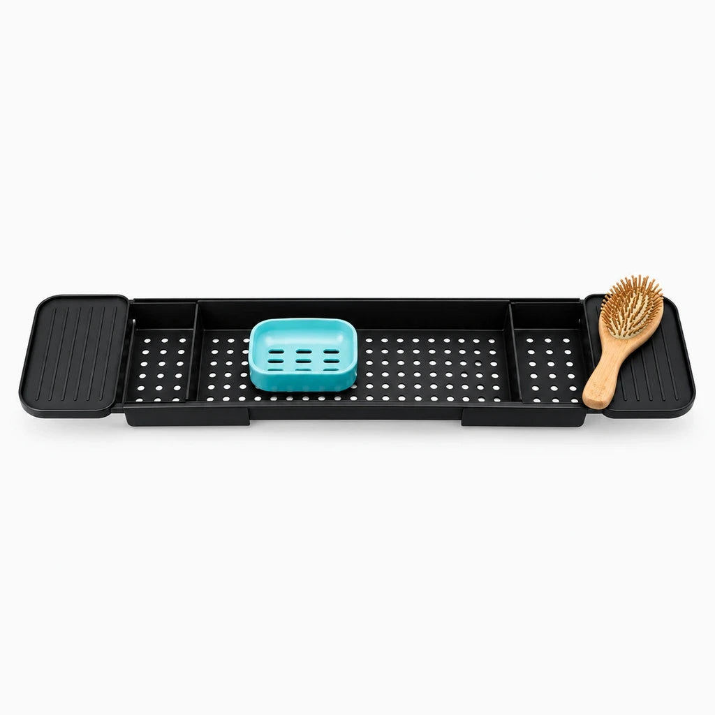 Plateau baignoire extensible noir supportant accessoires de toilette et cosmétiques