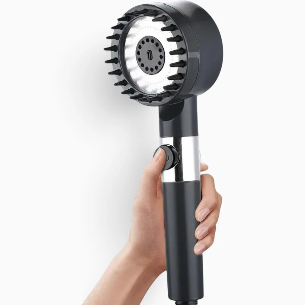 Pommeau de douche avec jet haute pression enveloppant le corps d'une sensation de pluie fine