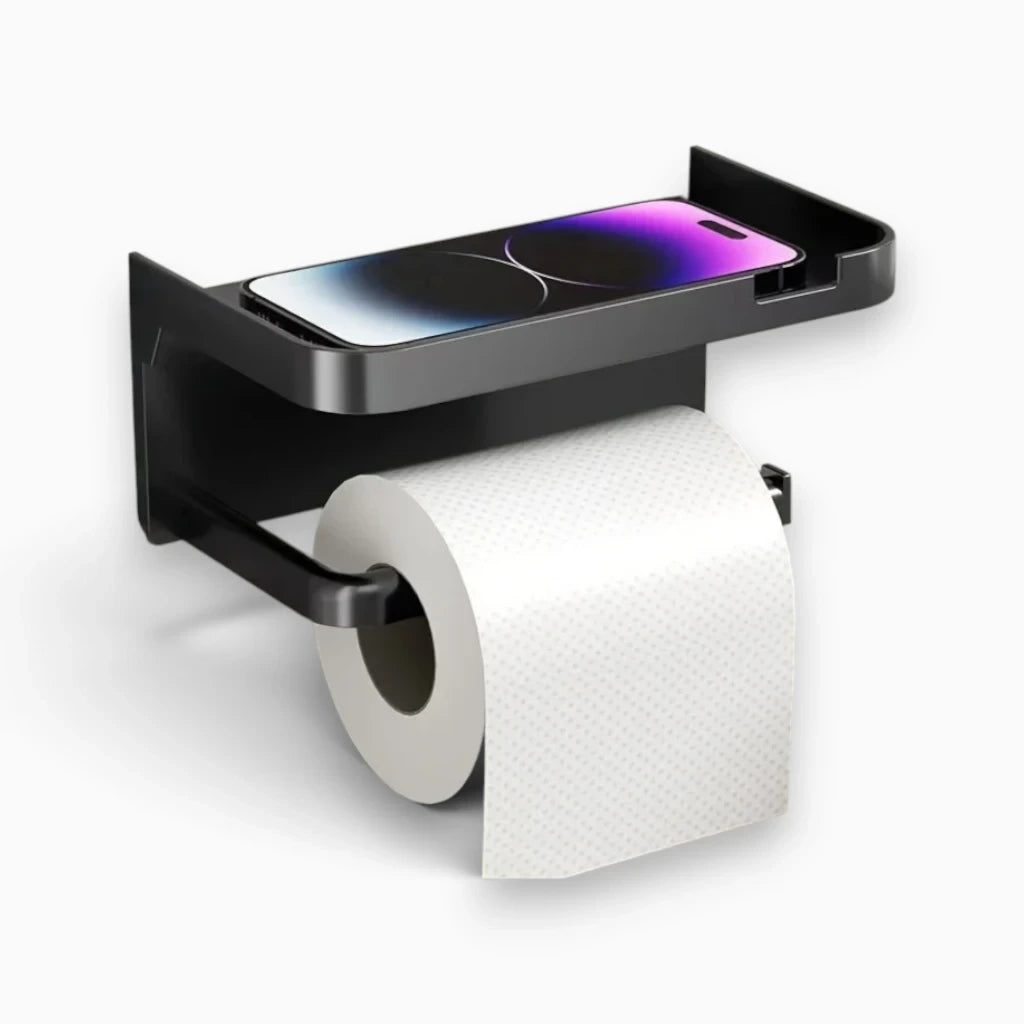 Porte papier toilette noir mat fixé au mur avec petite étagère intégrée