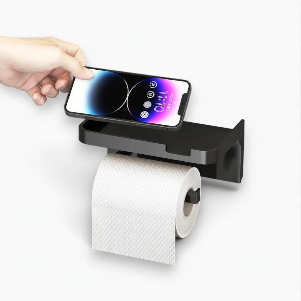 Support papier toilette noir design sobre avec rouleau de rechange