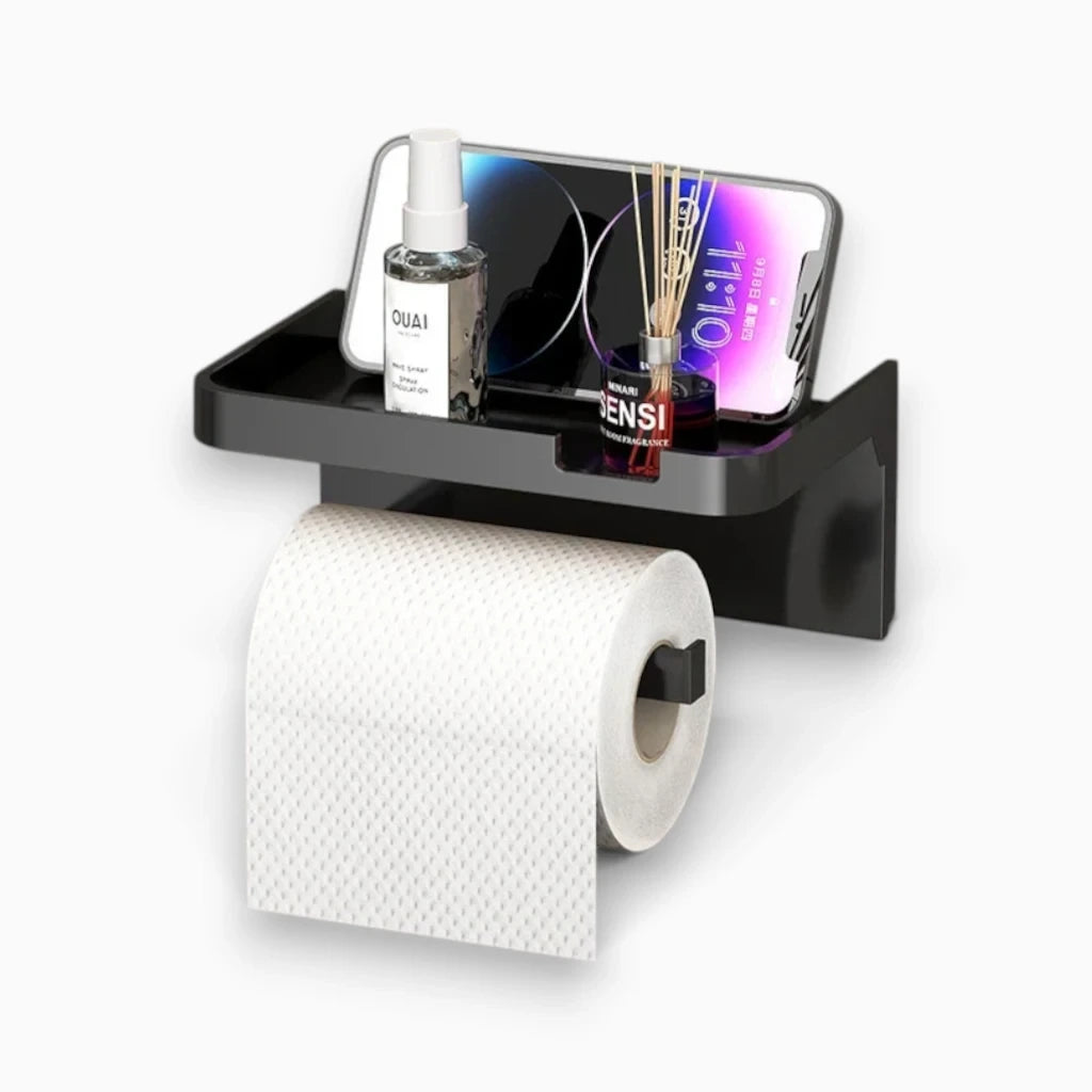 Accessoire mural noir pour papier toilette avec étagère pratique
