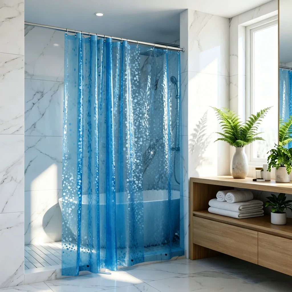 Rideau de douche bleu installé dans une salle de bain