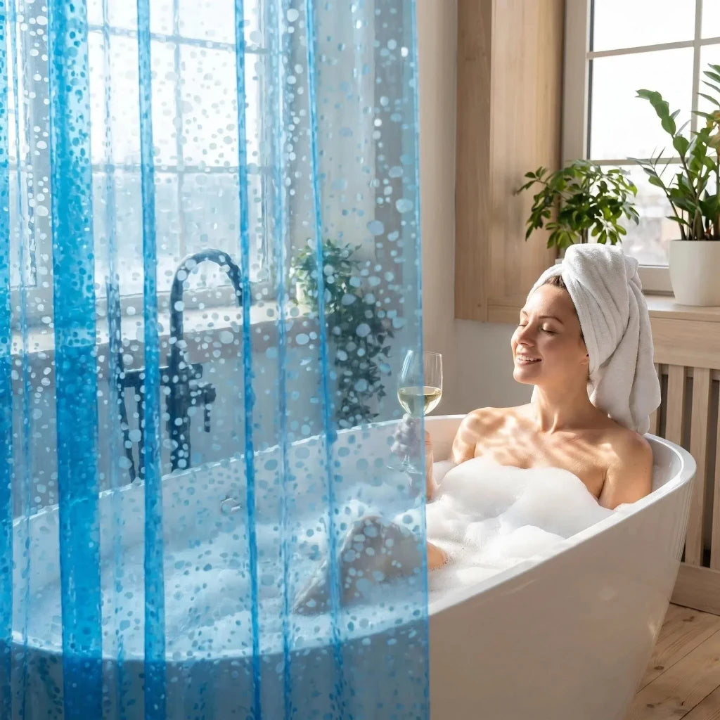 Rideau de douche bleu en situation dans la salle de bain