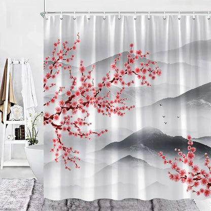 Rideau de douche rose installé dans une salle de bain