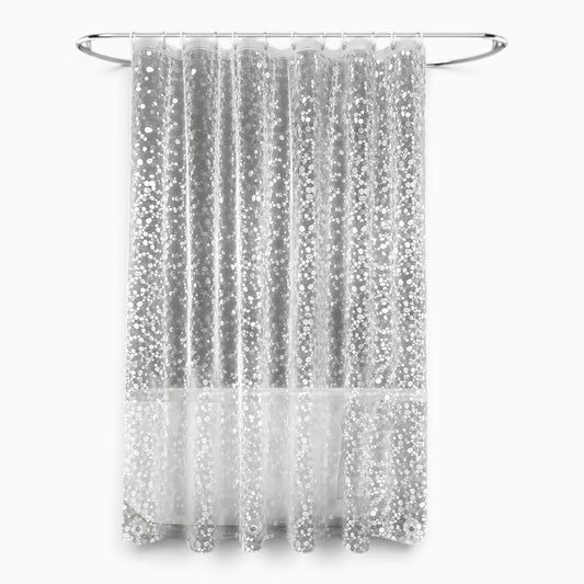 Rideau de douche transparent avec base lestée par aimants, installé dans une salle de bain moderne