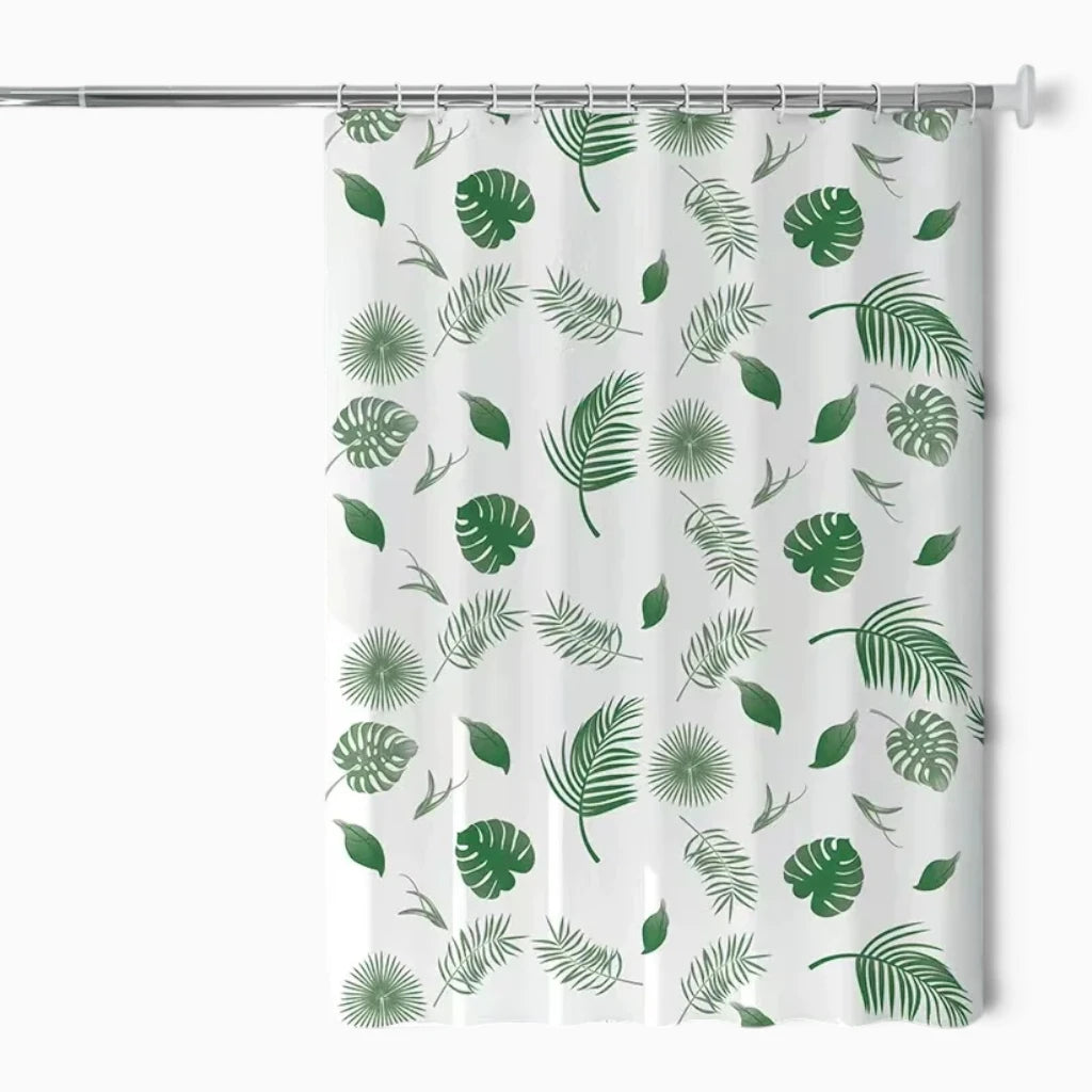 Rideau de douche vert avec motif de feuilles délicates pour une ambiance apaisante