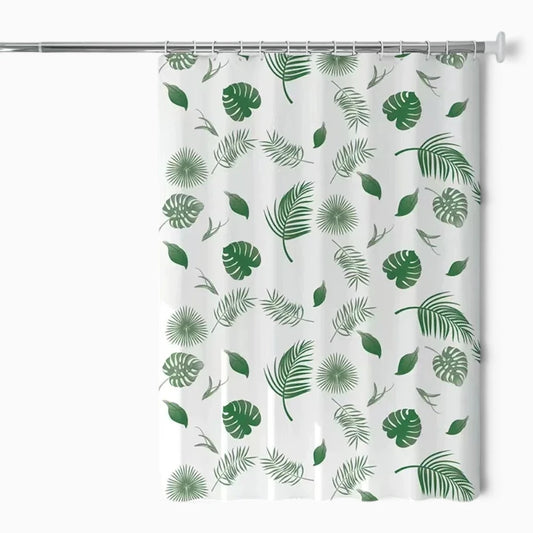 Rideau de douche vert avec motif de feuilles délicates pour une ambiance apaisante