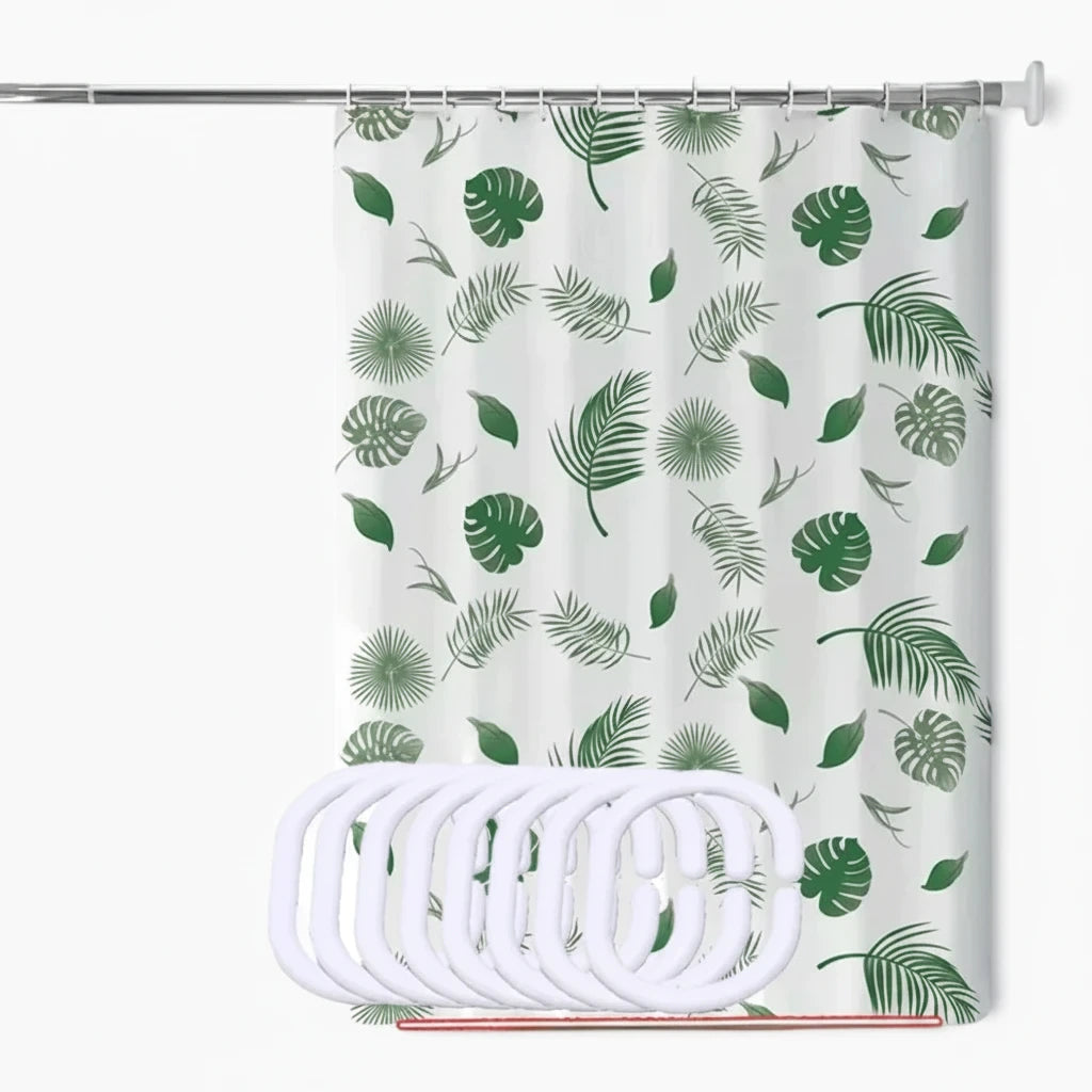 Rideau de douche semi-opaque vert feuillage, texture légère et séchage rapide