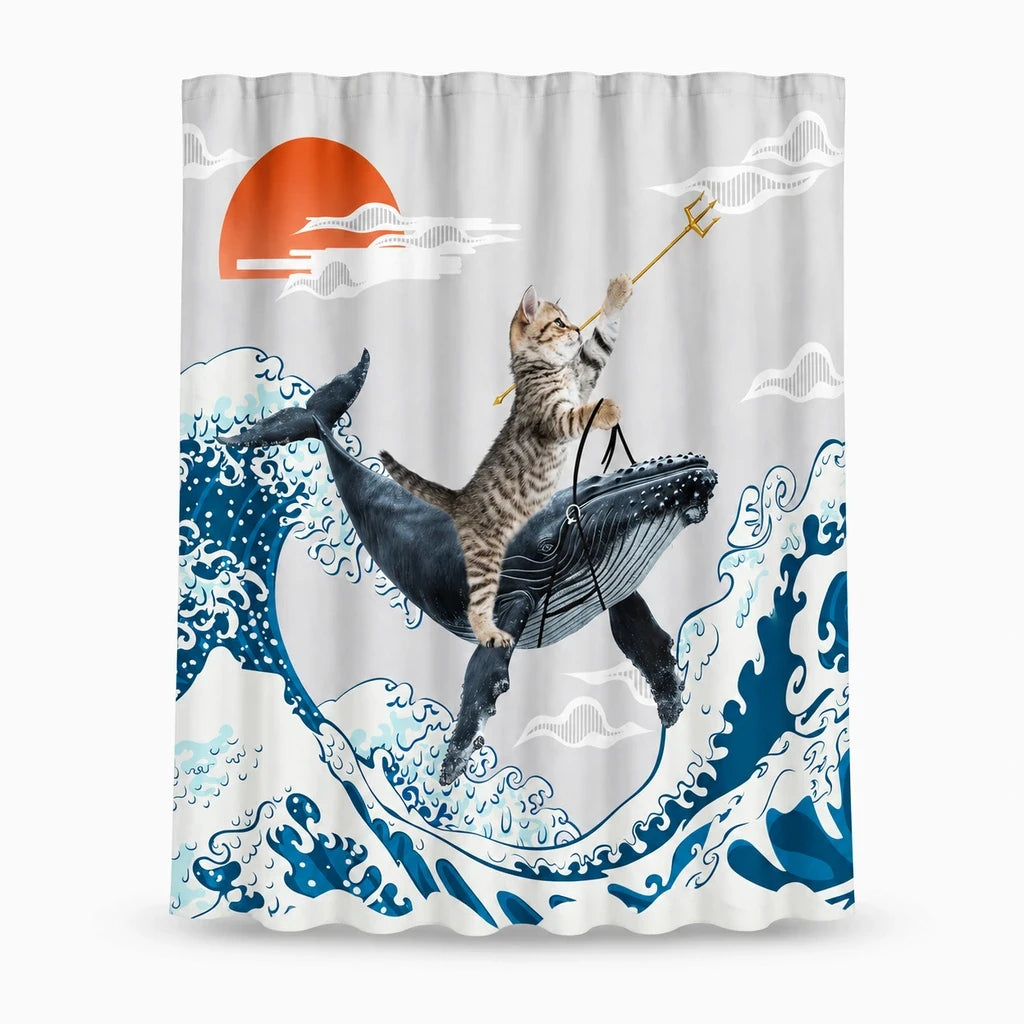 Rideau de douche vintage avec chat et vagues au coucher de soleil, tissu imperméable