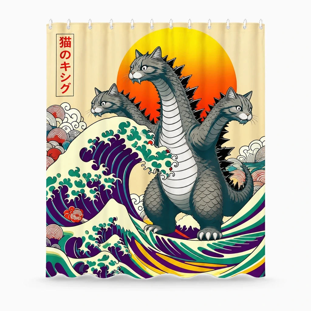 Détail du motif graphique : chat contemplant des vagues sous ciel orangé