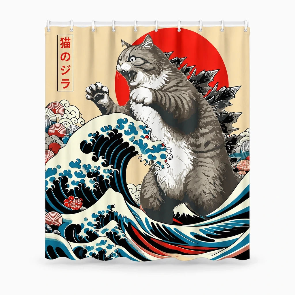 Motif vintage du rideau de douche : scène nocturne avec chat et mer
